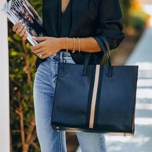 Large Black Tote with Cream Stripe